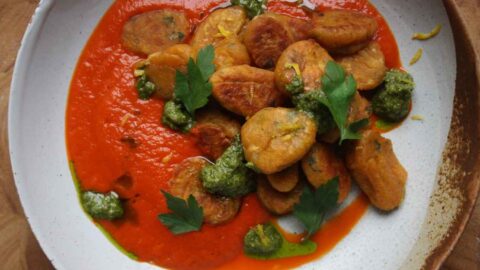 vegan sweet potato gnocchi with roasted red pepper sauce recipe