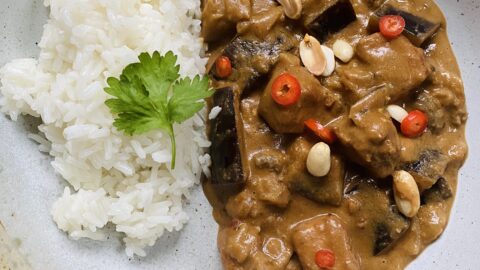 vegan massaman curry with tofu and aubergine
