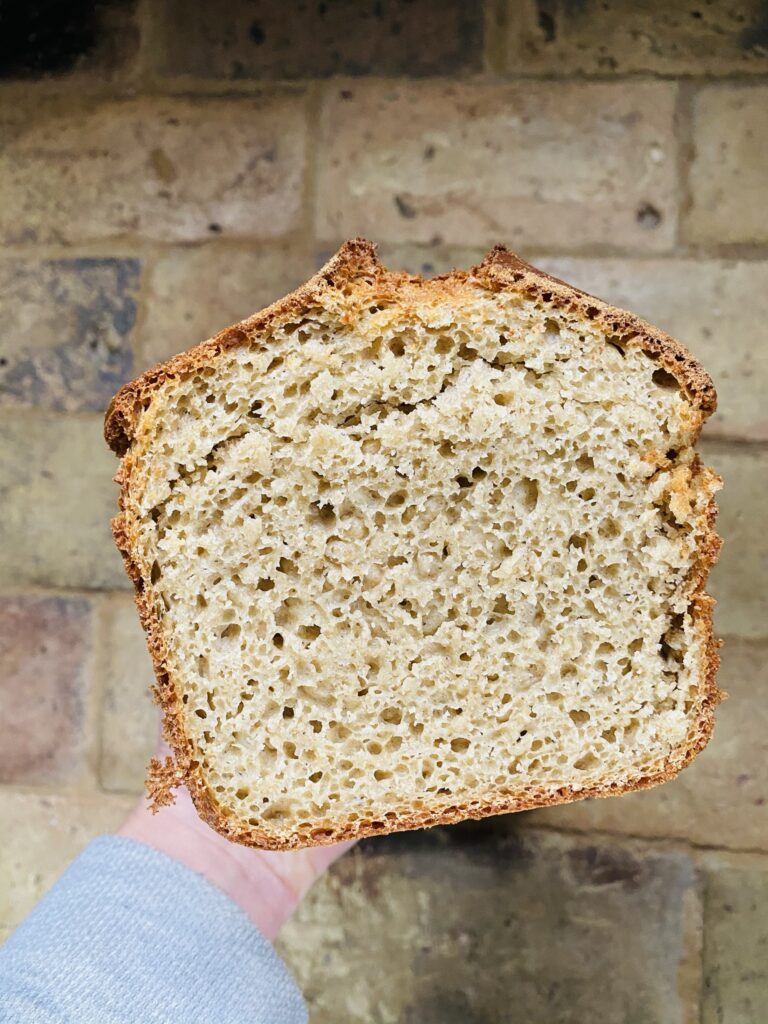 The inside of a vegan spelt bread loaf