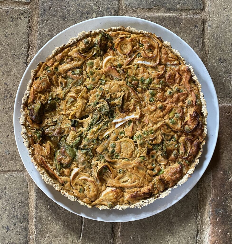 A variation of the vegan quiche recipe with vegan bacon and spinach