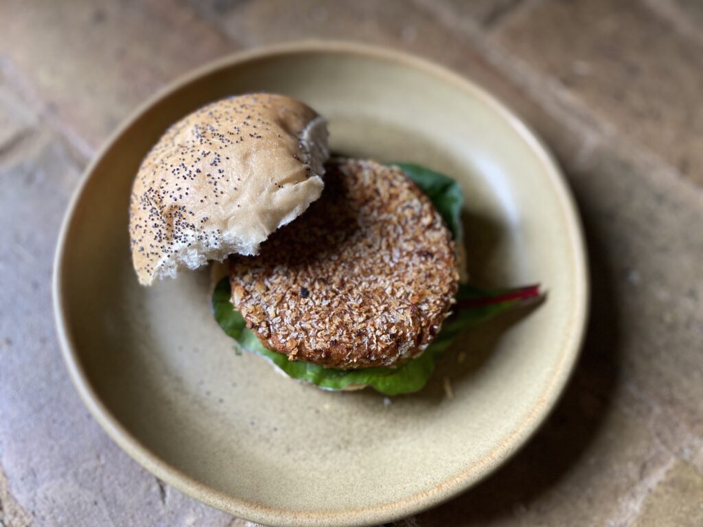 close up of a vegan jackfruit burger patty
