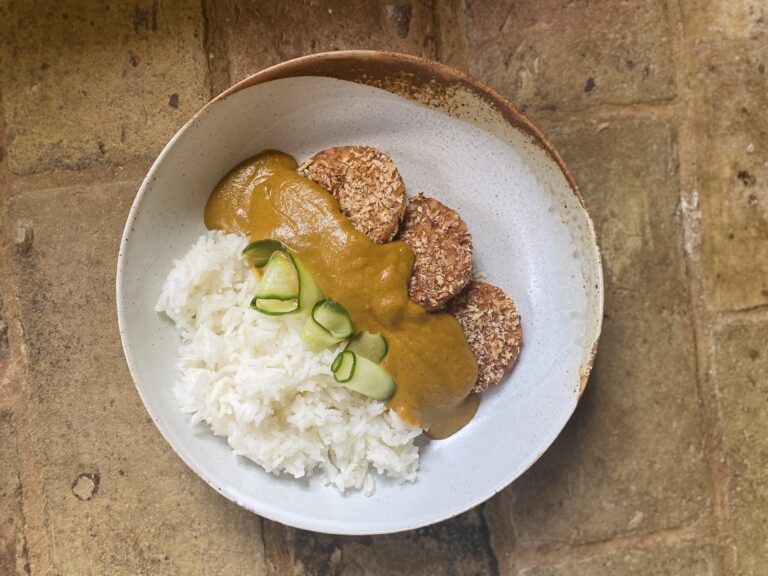 The finished vegan katsu curry recipe with breaded crispy tempeh