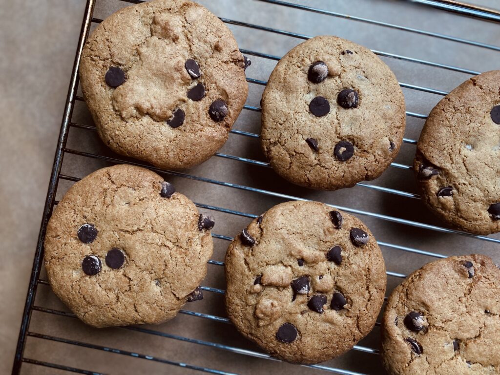 A close up of vegan buckwheat chocolate chip cookies