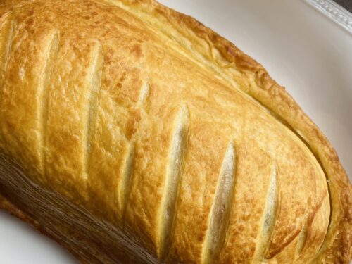 Close up of the cooked vegan beef wellington
