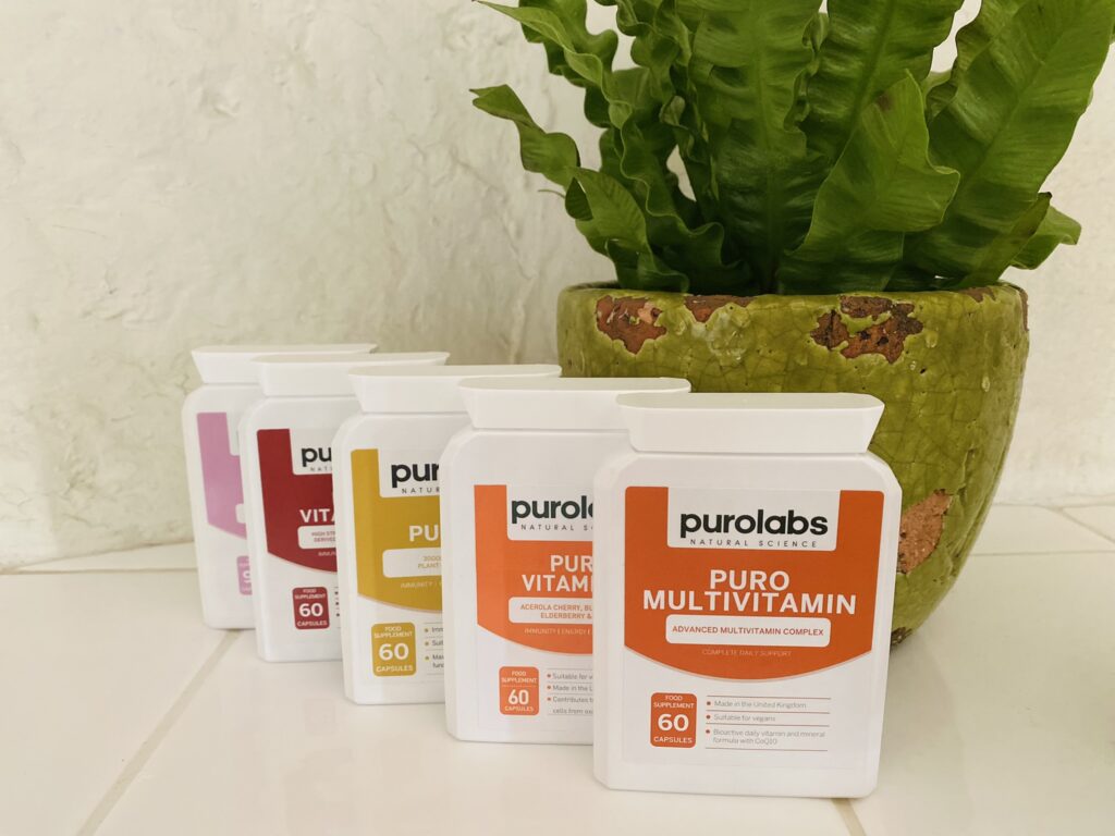 Purolabs vegan vitamins lined up together