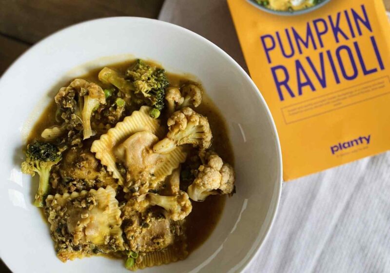 A bowl of pumpkin ravioli, a vegan ready meal from Planty