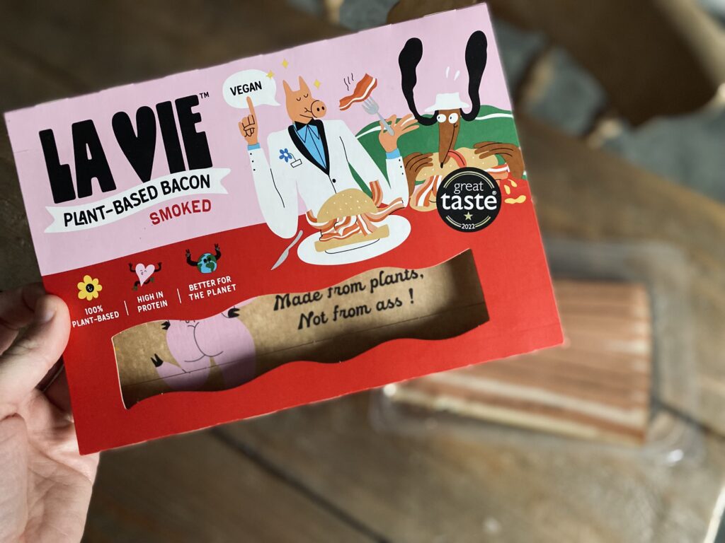 A close up of the la vie plant based bacon packaging