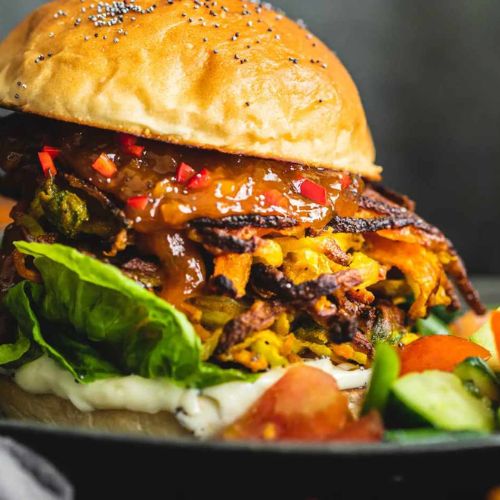 A vegan bhaji burger from Riverford - one of the best vegan recipe boxes in the UK