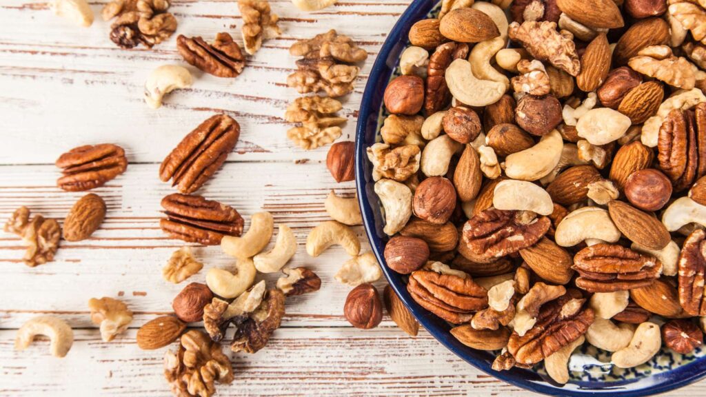 A bowl of mixed nuts that are great for a vegan diet