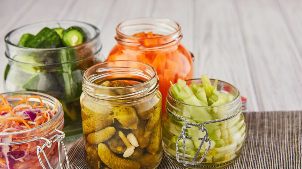 Jars of pickled veg one of the best vegan probiotic foods