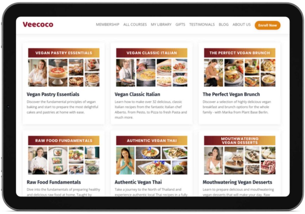 An array of vegan cooking lessons available on Veecoco platform open up on a tablet, as part of our veecoco review