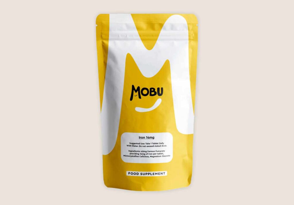 A bag of Mobu iron supplements for vegans