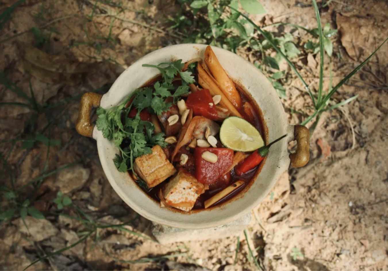 A bowl of vegan food with tofu and watermelon inside a claypot dish on the ground made for Edible Ethics vegan food blog