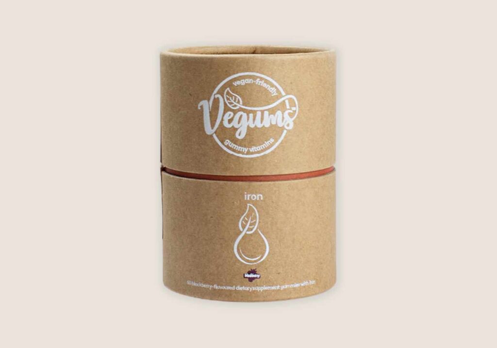 A tub of Vegums iron supplements for vegans