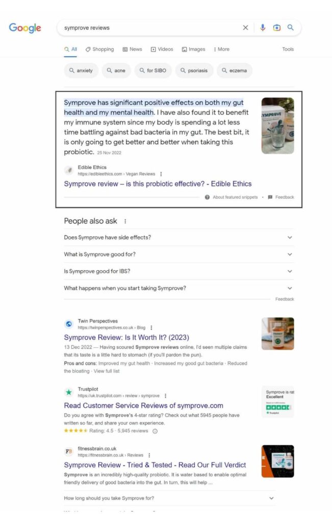 Screenshot of our Symprove review ranking in position 1 in a featured snippet on Google