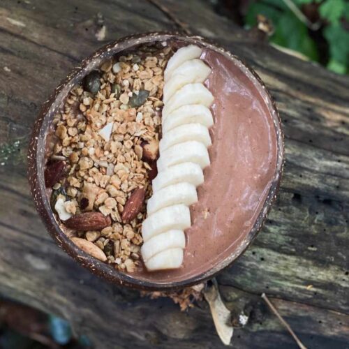 A coconut bowl filled with peanut chocolate smoothie bowl and topped with banana and granola. all sat on top of a wooden log