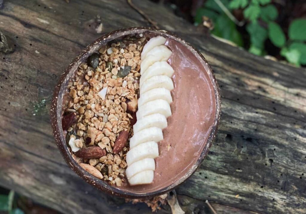 A close up of the peanut chocolate smoothie bowl inside a coconut bowl on a log