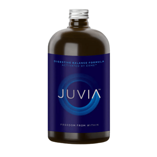 A bottle of Juvia a liquid digestive enzyme supplement