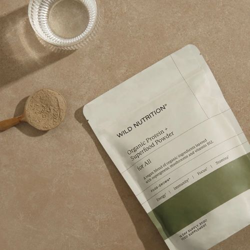 A bag of Wild Nutrition vegan protein powder with lion's mane supplements included
