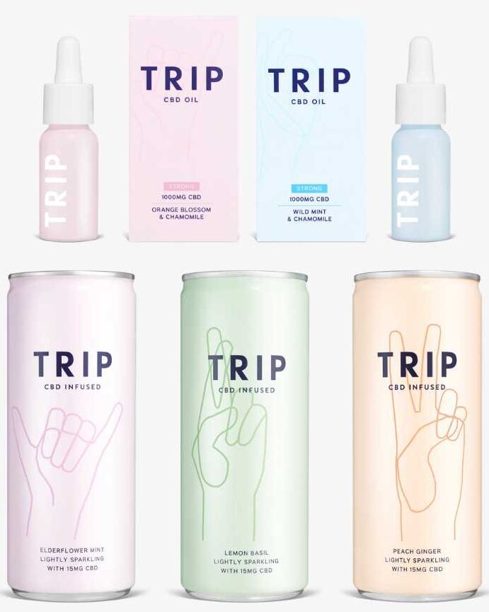A selection of TRIP CBD products including their oils and drinks