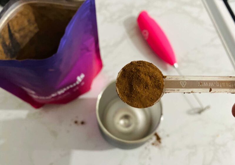 A spoonful of Spacegoods powder about to be put into the cup for this spacegoods review