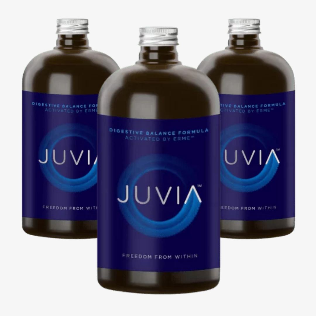 Three bottles of Juvia supplement for digestive issues and IBS