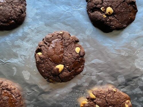 The baked vegan double chocolate chip cookies